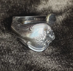 VTG International Deep Silver plt Spoon Ring floral motif folk jewelry sz 7 ish - Picture 1 of 13