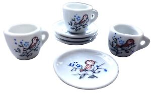 Vintage Child's 7 Piece Red Bird Mini Ceramic Tea Set Plates & Cups Japan 