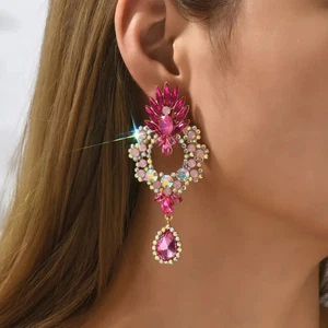 Pink Fuchsia Flower Earrings Pearl Beaded Wedding Drop Dangle  Prom Pageant - Picture 1 of 6