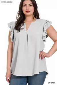 Zenana Women's Plus Size Woven Airflow Ruffled Sleeve High-Low Top 1X - Picture 1 of 4
