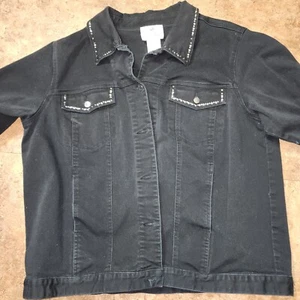 Quacker Factory Women's Black Denim Rhinestone 1x Jacket Peace Symbol - Picture 1 of 9