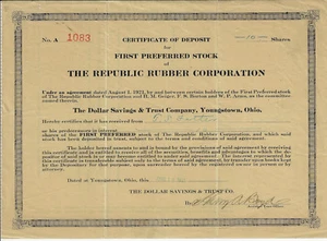 Ohio 1921 The Republic Rubber Corporation Aktienzertifikat Youngstown Reifen - Bild 1 von 2