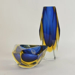 Juego de jarrón y tazón de vidrio italiano facetado azul amarillo amarillo amarillo y facetado de colección PICONE MURANO - Imagen 1 de 10