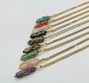 Quartz Crystal Point Healing Pendant Wire Wrapped-Gold Plt Stainless Steel Chain - Picture 1 of 12