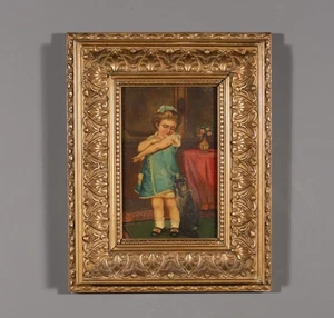 Antique French Framed Oil on Panel Painting of Girl with Scratched Arm and Cat - Picture 1 of 12