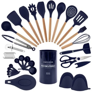 Non Stick Silicone Utensil Set with Rounded Wood Handles for Cooking and Baki... - Picture 1 of 7
