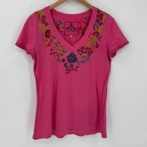 Johnny Was rosa bestickt Blumen V-Ausschnitt T-Shirt Top Damen Large Boho - Bild 1 von 7