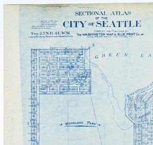 1900 SEATTLE Map GREEN LAKE - WALLINGFORD - WOODLAND PARK (24x22) ORIGINAL - Picture 1 of 7