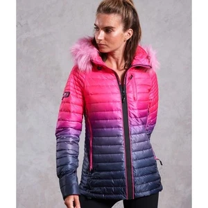 Superdry Power Fade Jacke Pink Lila Ombre Fell Gefüttert Kapuze Gr. US 2 Skimantel - Bild 1 von 15