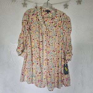 Democracy Women XLarge Fruit Floral Button Up Top Smocked Cottagecore Gauze Boho - Picture 1 of 13