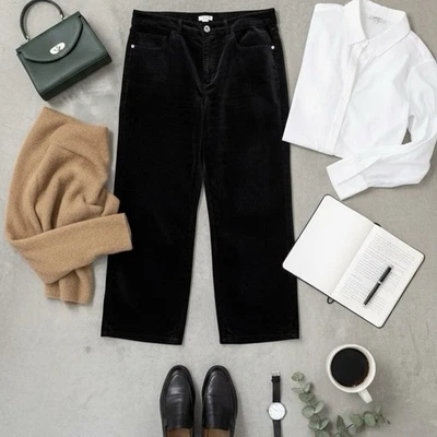 Pantalones de terciopelo Jill 16P negros pequeños pierna recta suaves elásticos minimalistas de lujo Foto 1 de 4