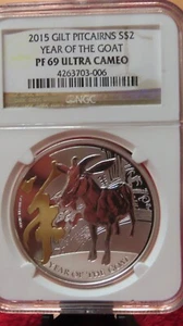 2015 $2 Gilt Pitcairn Year Of The Goat PF 69 Silver 1 oz 999 NGC - Picture 1 of 5