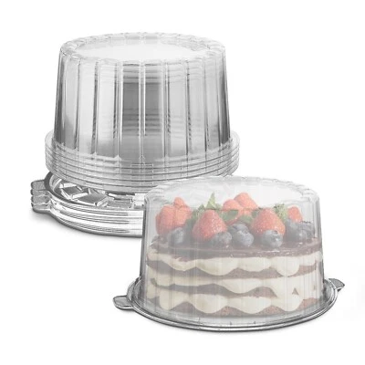 Contenedor de plástico para pasteles MT Products con cubierta de cúpula transparente 8" redondo - Paquete de 5 Foto 1 de 4
