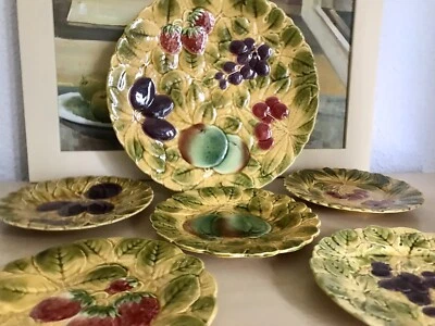 Antik Majolika Keramik Set Obstschale Schale Zierschale & 5 Teller Obstmotiv - Bild 1 von 4