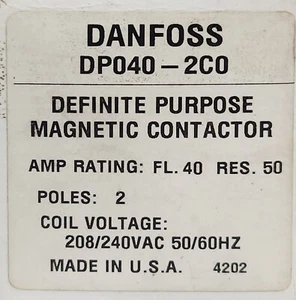 DANFOSS DP040 2C0 Definite Purpose Magnetic Contactor 208 240 VAC 50/60 Hz DP040 - Picture 1 of 4