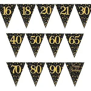12ft Black & Gold Birthday Bunting Decoration Triangle Flag Banner Party Decor - Picture 1 of 14