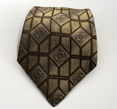 复古金色 Bruno Piattelli 100% 真丝意大利领带,几何棕色蓝色 — 第 1/4 张图片