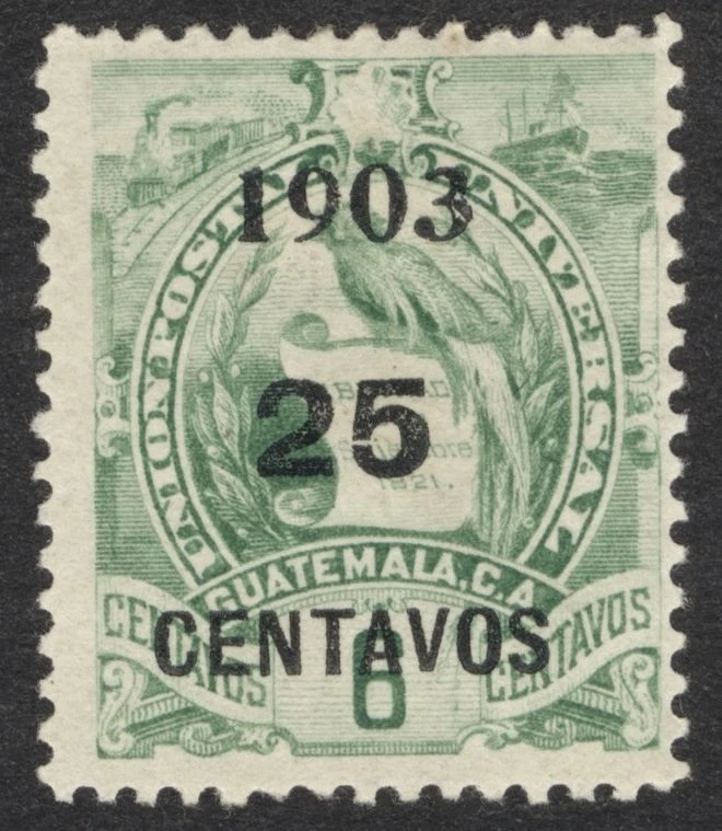 Guatemala #126 Verde Negro Recargo 25c en 6c Quetzal 1903 Sello Como Nuevo LH Foto 1 de 1