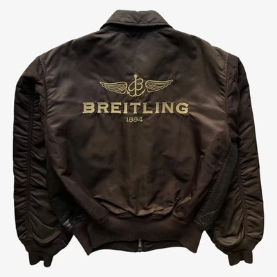 Chaqueta de bombardero vintage Y2K Alpha Industries Breitling de cuero marrón CWU-45 para hombre Foto 1 de 4