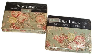 RALPH LAUREN ПОЛНЫЙ ПЛОСКИЙ И РЕЗИНКЕ ПРОСТЫНИ КОМПЛЕКТ ЦВЕТЫ ЗЕЛЕНЫЙ ШАРЛОТТА IV НОВЫЙ ВИНТАЖНЫЙ - Изображение 1 из 4