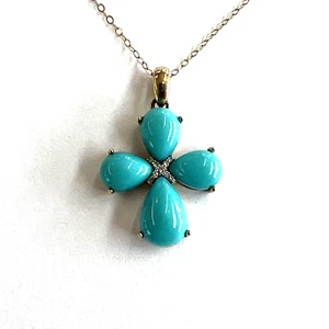 Delicate Sleeping Beauty Turquoise Cross in 14K Yellow Gold with Diamonds - Picture 1 of 6
