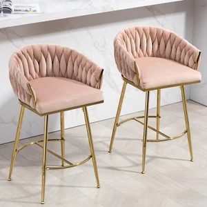 Set of 2 Velvet Bar Stools Counter Height Kitchen Stools w/Backrest & Armrest - Picture 1 of 27