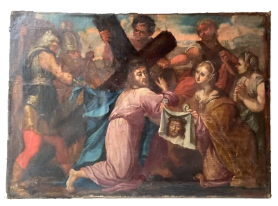 Antiguo maestro italiano del siglo XVII lienzo al óleo Pasión de Cristo y Santa Verónica Foto 1 de 4