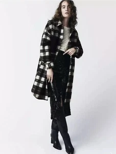 ZARA LONG OVERSIZED CHECK OVERSHIRT COAT JACKET SIZE S Ecru White Black 9004/187 - Picture 1 of 3