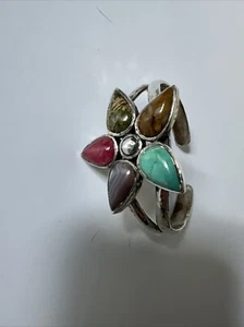 925 Sterling Silver Bracelet Barse Cuff Multi Gemstone Flower Adjustable - Picture 1 of 14