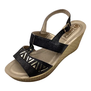 Inblu Womens Metallic Black Faux Leather High Wedge Slingback Sandals Size 7 New - Picture 1 of 8