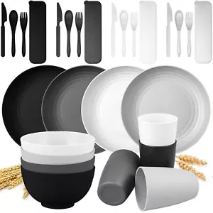 28pcs Wheat Straw Dinnerware Sets Unbreakable Reusable Kitchen Plastic Dinner Pl - Picture 1 of 7