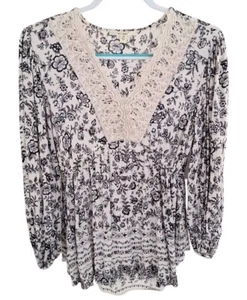 Mi Ami Damen M Tunika Blumen Plissee Cinch Bluse Häkel Ausschnitt Boho Hippie Top - Bild 1 von 6