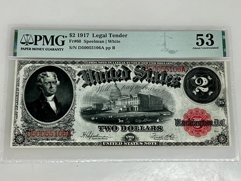 1917 $2 Dollar Note Legal Tender Fr.60 PMG 53 About Uncirculated  - 90128 Cover