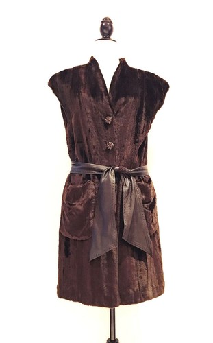 FENDI VINTAGE Gilet Lungo Cappotto Senza Maniche in Finta Pelliccia Marrone Finiture M