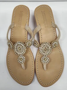 Mystique Cream Beaded Rhinestone Sz 10 Jeweled Leather Thong Low Wedge Sandals  - Picture 1 of 21