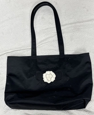 Vintage St. John Black Satin Tote Bag with Large White Rose Embroidered Details - Image 1 of 4