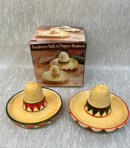 Ceramic Sombrero Hat Salt And Pepper Shaker Set With Stops Hand Painted - Picture 1 of 3