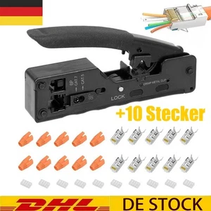 RJ45 Crimpzange + 10 Cat7 Stecker Set Netzwerk Werkzeug Lan Kabel Zange Cat 7 6 - Bild 1 von 10