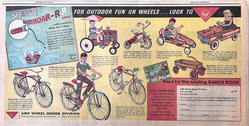 1964 anúncio de quadrinhos de domingo para bicicletas AMF, triciclos, trator a pedal, carro Scat, conversível - Imagem 1 de 1