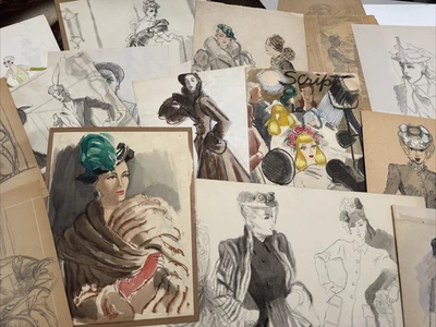 ANTIQUE PAINTING COLLECTION WOMEN WOMAN FASHION DESIGN ILLUSTRATION PARIS 1930'S - Image 1 of 4