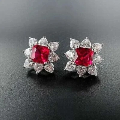 14K White Gold Plated 4.00Ct Lab Created Red Ruby Attractive Halo Stud Earrings - Image 1 of 4