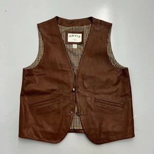 Vintage Orvis Mens Vest Brown Genuine Leather Size Large Cotton Plaid Lined - Picture 1 of 11