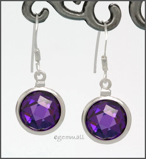 Pendientes colgantes redondos de plata de ley con circonita cúbica púrpura amatista #65138 Foto 1 de 1