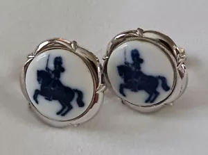 Vintage Cufflinks Sterling Silver White & Blue Porcelain Made in Denmark - Picture 1 of 5