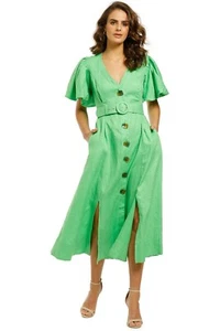 NICHOLAS Troy Midi Dress in Green Linen V Neck Size 16 AU RRP 695 WITH DEFECTS - Picture 1 of 11