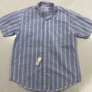 NWT Brooks Brothers 346 Short Sleeve Seersucker Shirt Sz Large Blue White Stripe - Picture 1 of 5