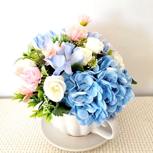 Mother's Day Pretty Artificial Blue & Pink Flowers in White Ceramic Teacup - Picture 1 of 7