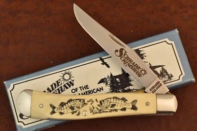 CUCHILLO TRAMPERO SCHRADE HECHO EN EE. UU. SCRIMSHAW BOCA GRANDE REVESTIMIENTO BAJO SC503 (21635) Foto 1 de 4