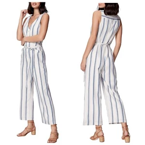 Paige Meade Stripe Button Front Sleeveless Jumpsuit In White/ Blue NWT Size 8 - Picture 1 of 15