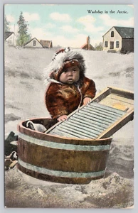 Postcard Inuit Eskimo Baby Infant Parka Wash Day Board Laundry Alaska c1910 - Picture 1 of 2